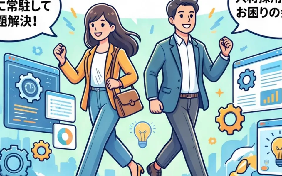 AI人材が客先に常駐し、社員と並んで業務のなかでAIを回している様子のイラスト