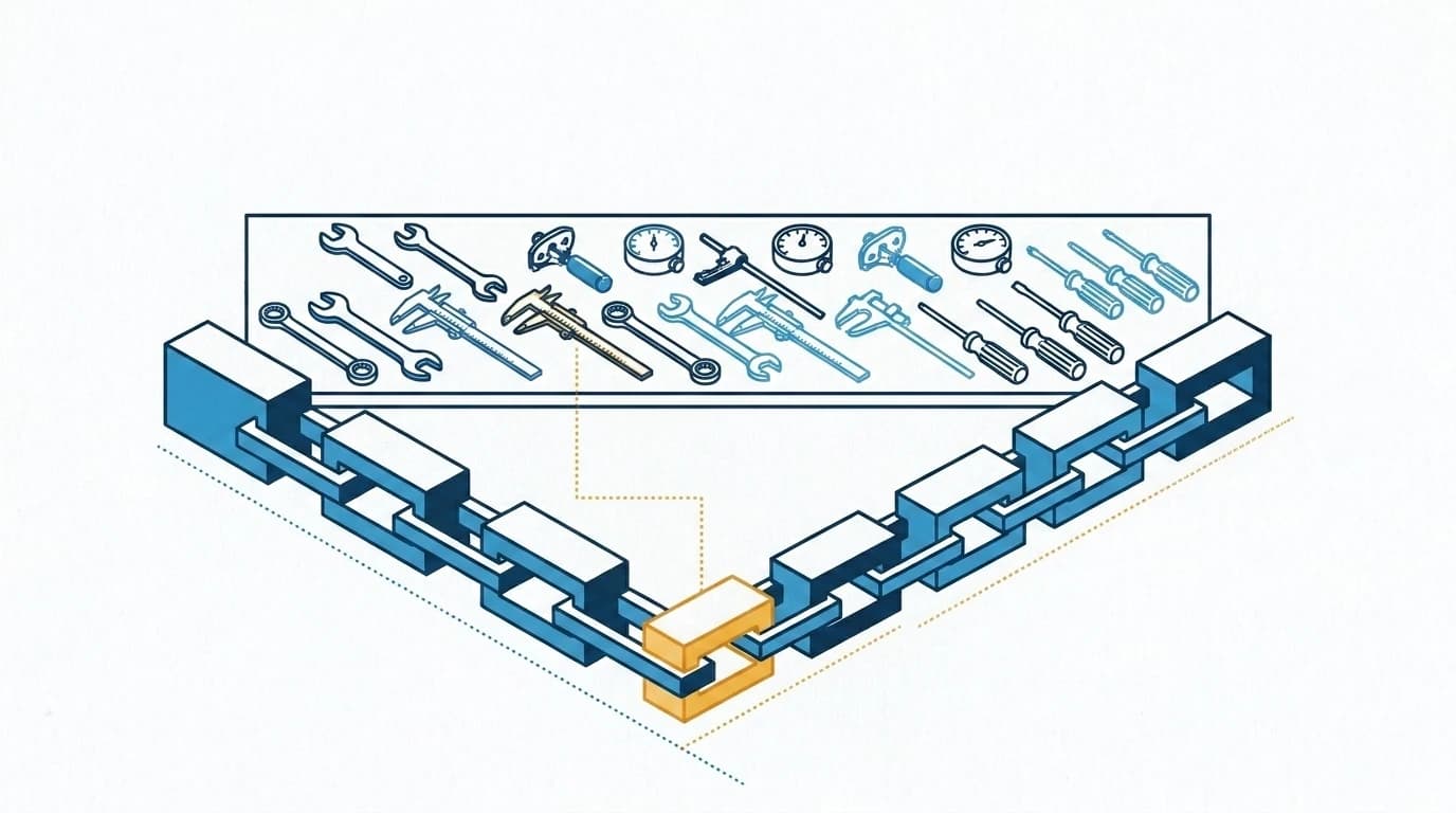 並んだ道具のうち1つだけが、業務の連なりのうち1箇所に結び付けられている図
