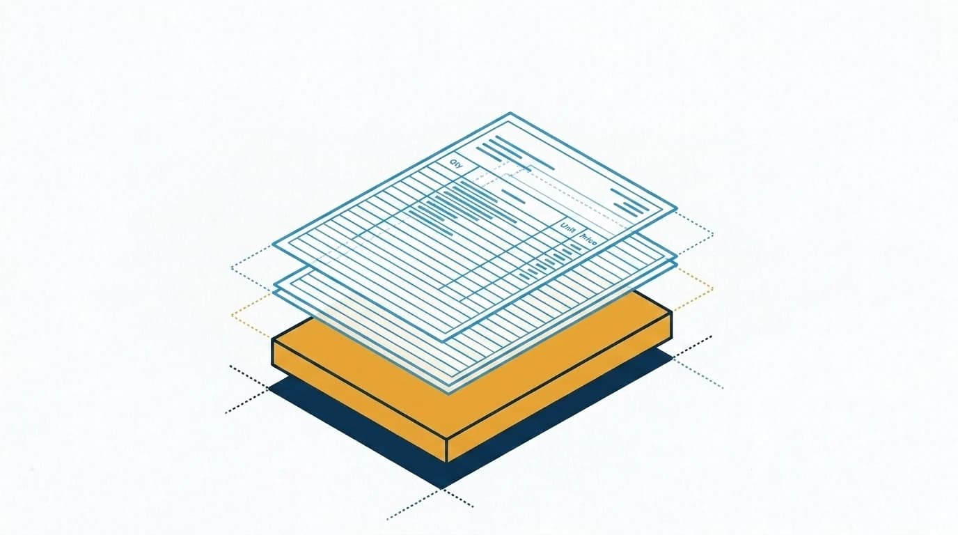 見積を層に分けた図。数量や単価の層は構造化されているが、最後の調整の層だけが中の見えない塊になっている